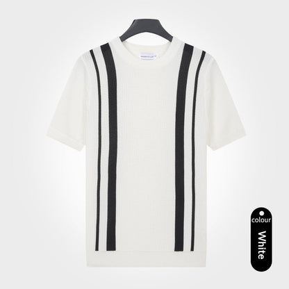 Mens Ice-Silk Cool-Feel Striped Crew-Neck Knitted Top