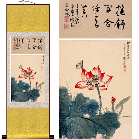 Chinese Silk Scroll Painting – Water Lily Wall Hanging