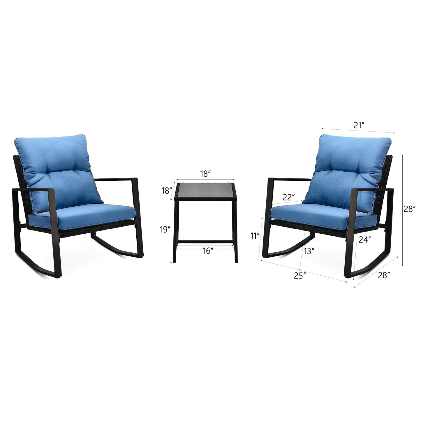 Outdoor Bistro Set Wicker Iron Blue 3 Piece Rocking Chairs Cushions Seats 2
