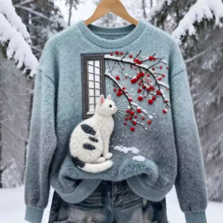 New Flannel Printed Christmas Sweet Crew-Neck Top With Snowman Design