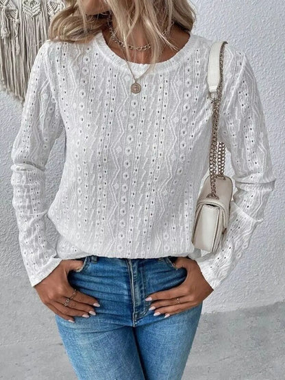 Full Size Eyelet Round Neck Long Sleeve Blouse Plus Size