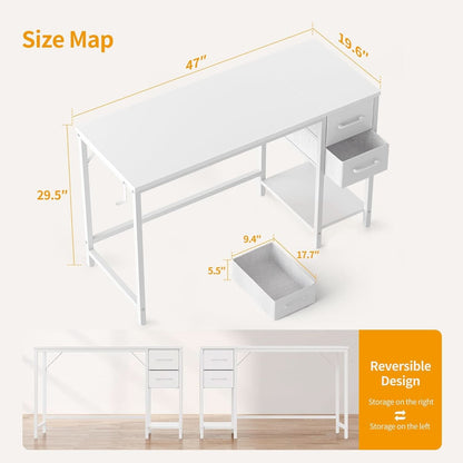 47 Inch White Ergonomic Executive Desk With Drawers