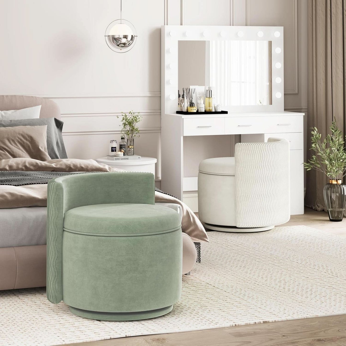 Emerald Velvet Vanity Ottoman With 360DegreeSwivel