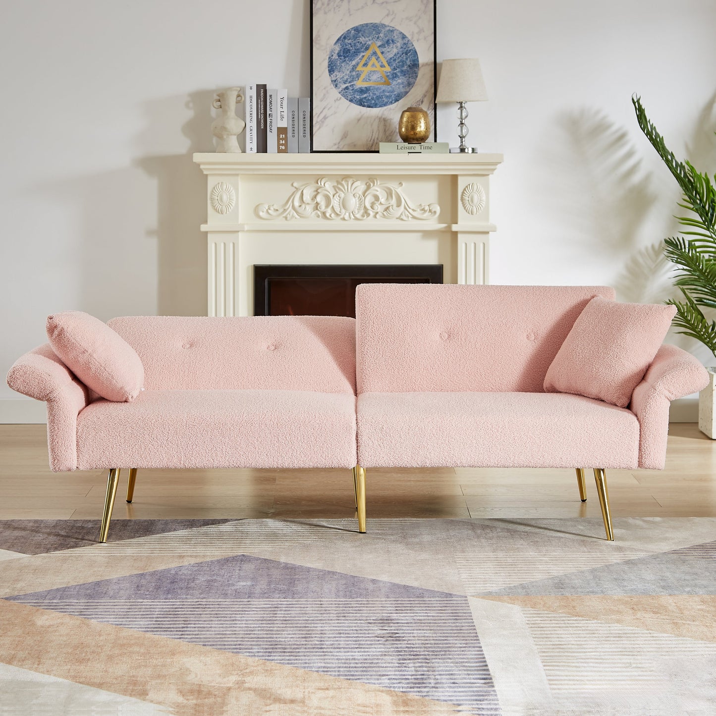 Loveseat Futon Teddy Fabric Pink Convertible 4-Angle Adjustable