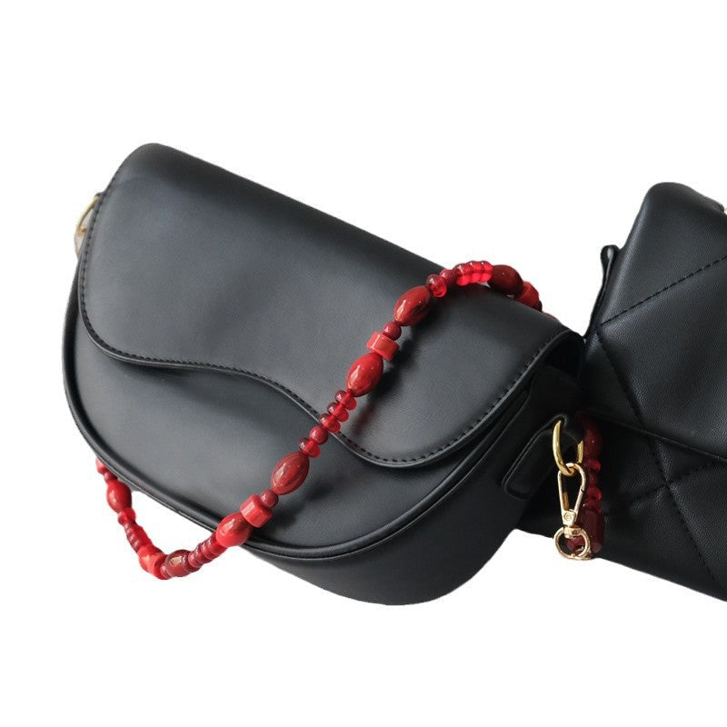Fashionable Red Beaded Chain Accessory Crossbody Lanyard Bag