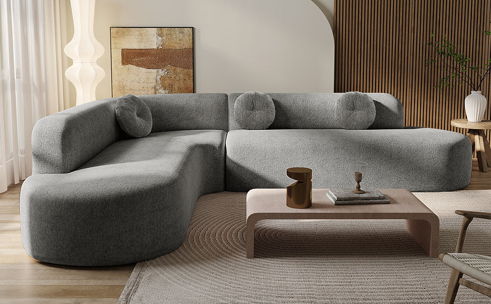 Sectional Sofa Curved Corner Chenille Gray 4 Seat 122 In 3 Pillows