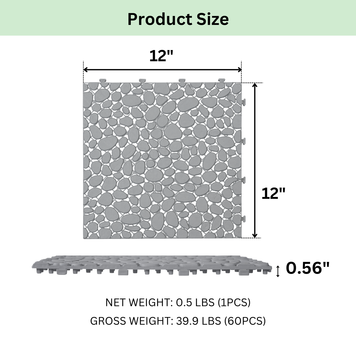 Pebble Stone Pattern 12x12 in. Gray Interlocking Deck Tiles Waterproof Plastic