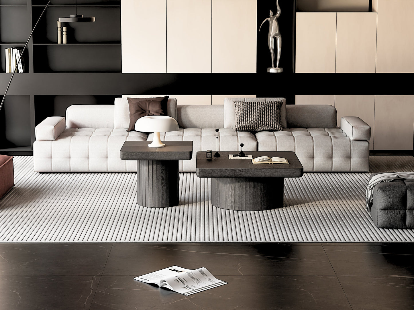 2-Piece Wood Nesting Coffee Tables, Fluted Pedestal, Living Room, Black