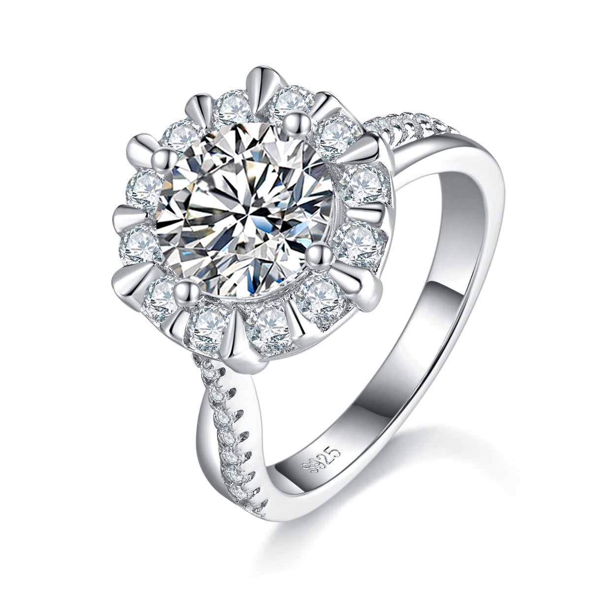 S925 Sterling Silver 2ct Moissanite Ring, 8mm D-VVS1 Sunflower Halo Setting, Platinum Plated 5.3g US Sizes 5-9 GRA Gift Box