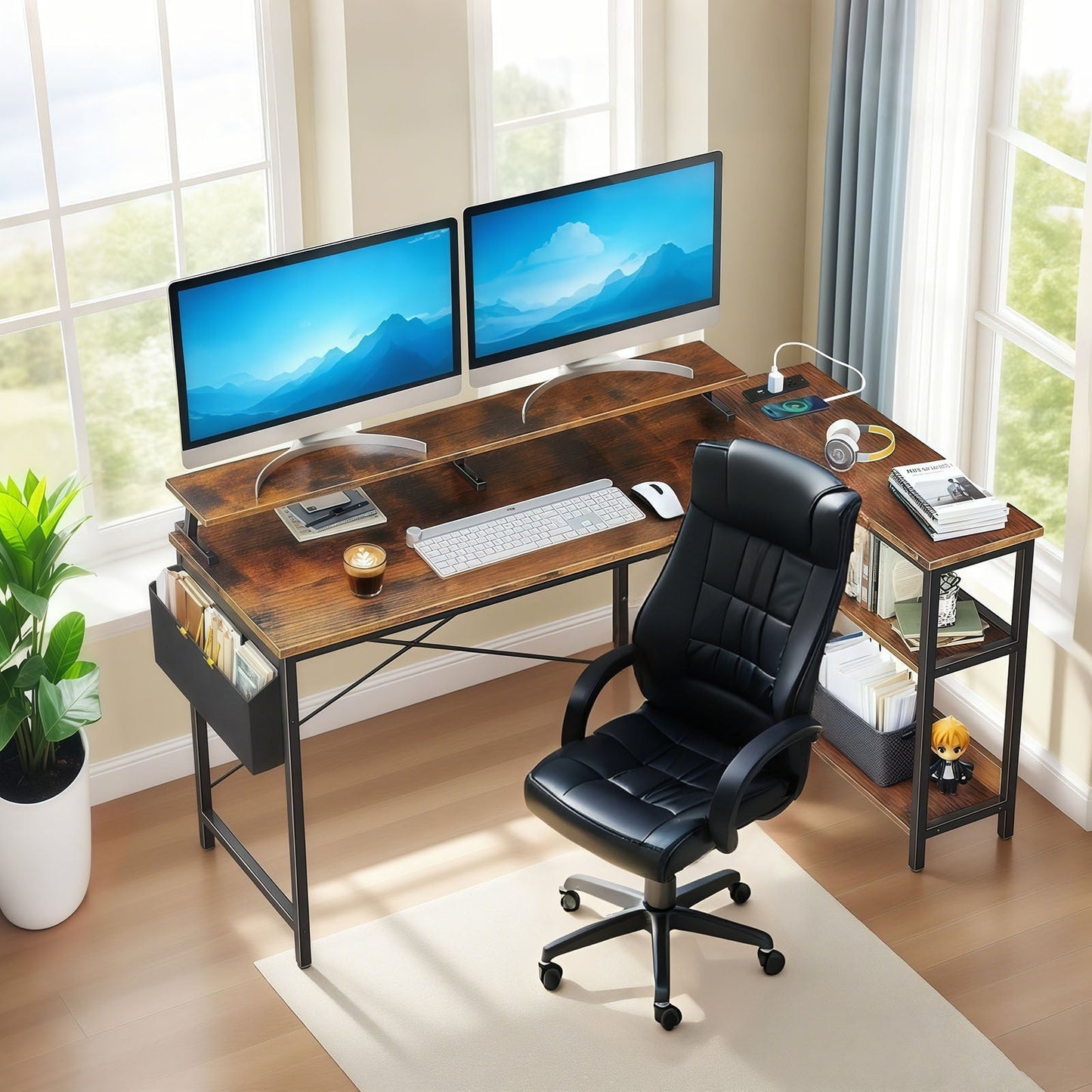 Vintage Black+Brown L Shaped Gaming Desk with Power Outlets, Monitor Stand...