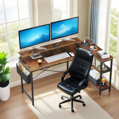 Vintage Black+Brown L Shaped Gaming Desk with Power Outlets, Monitor Stand...