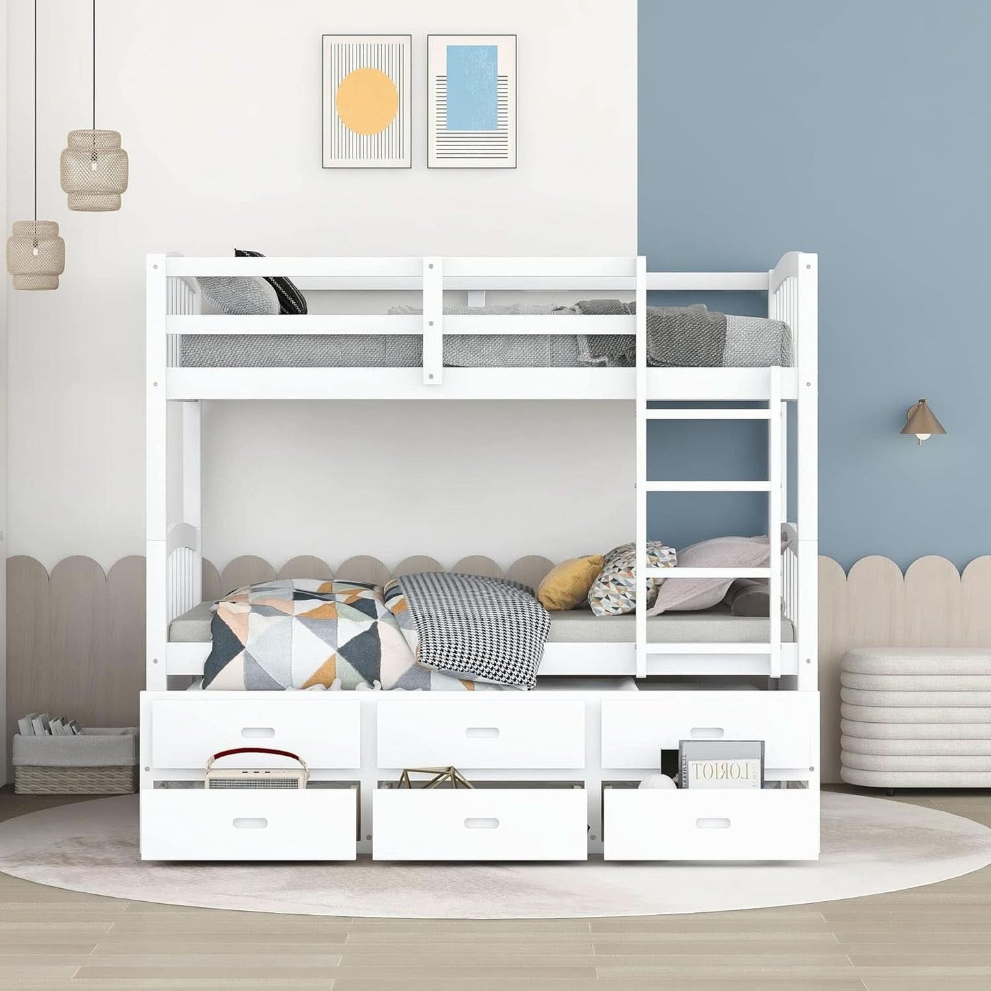 Twin Over Twin Bunk Bed With Trundle And Drawers White