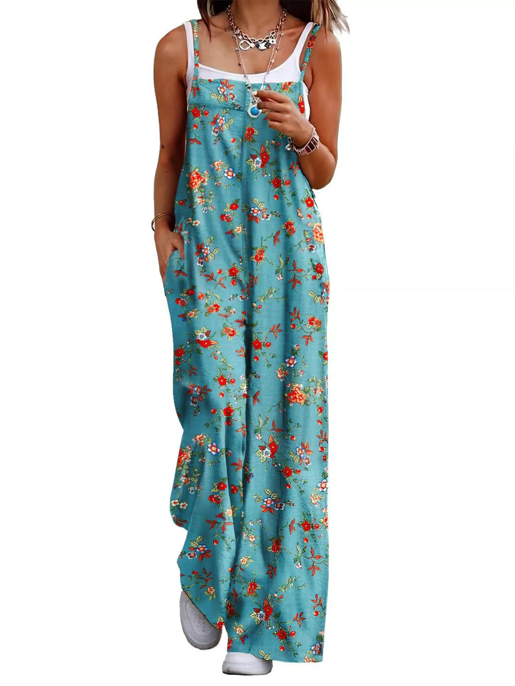 Full Size Floral Print Wide Leg Spaghetti Strap Overalls Plus Size