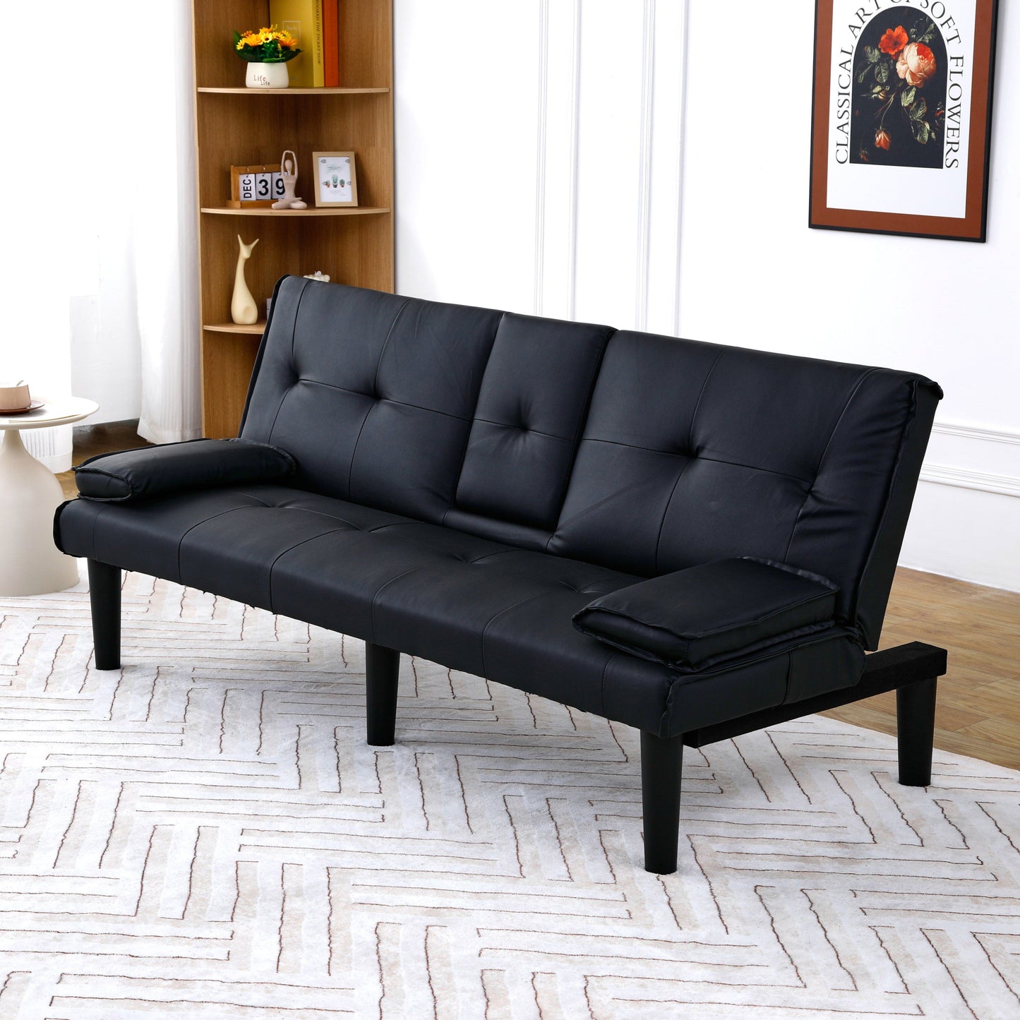 67-inch Black PVC Multi-Functional Sofa Bed with Foldable Design and Cup Holder