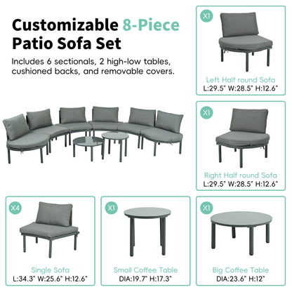 Outdoor Patio Set Half Moon Wicker Aluminum Gray 8 Piece 2 Tables