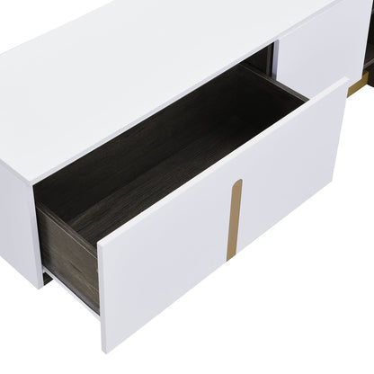 TV Stand Luxury White MDF Metal Legs Drawer 2-Cabinet Fits 70 In TV 66.7 In