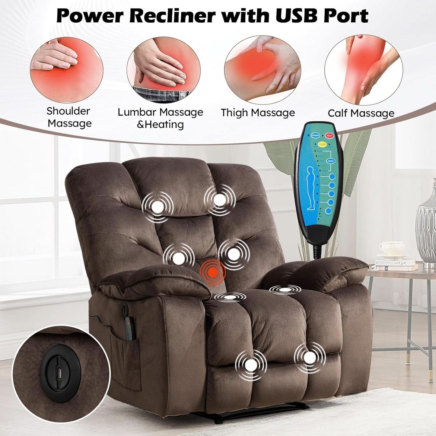 Brown 2 Piece Power Recliner Set With Massage And Heat