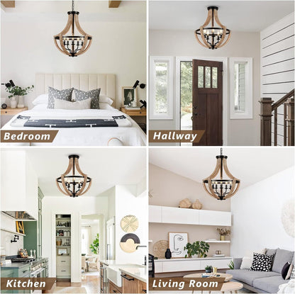 Chandelier Farmhouse 5-Light Solid Wood Adjustable Brown Dining Kitchen