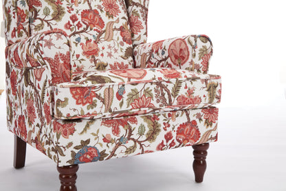 Accent Chair Wingback Linen Floral Red Pine Legs 28x30x38 In