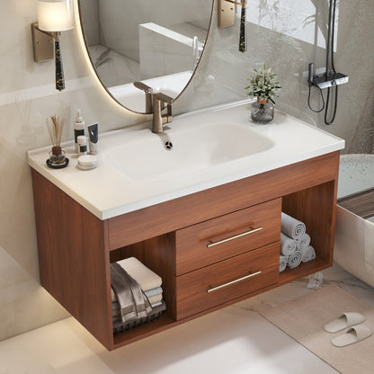 35.4' Mid-Century Floating Bathroom Vanity with Ceramic Undermount Sink