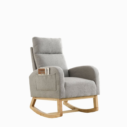 Gray Teddy Fabric Rocking Chair High Back Side Pockets 27.6