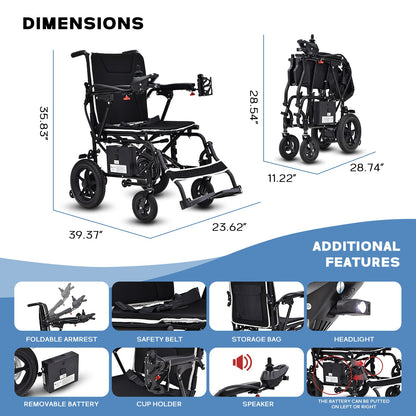 Wheelchair Electric Foldable Aluminum 264 LB 36 LB 180W Dual Motor LED Lights