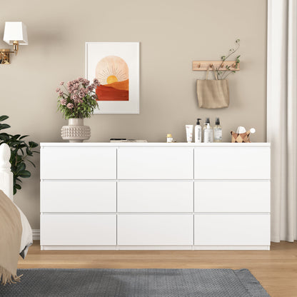 Dresser Modern 9-Drawer White Particle Board Handleless 63x15.74x29.5 In