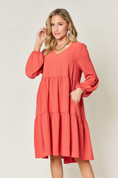 V-Neck Balloon Sleeve Tiered Boho Midi Dress