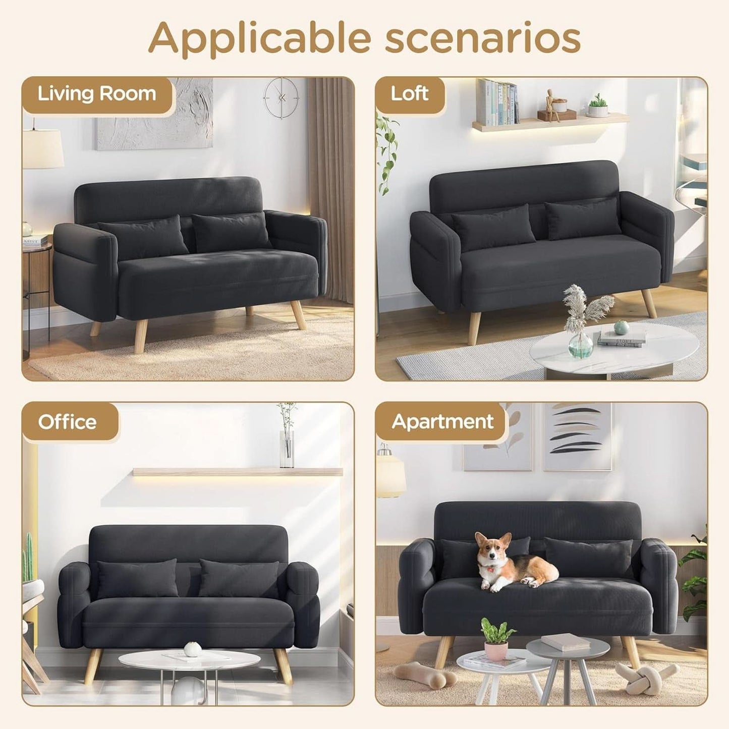 46-Inch Small Modern Fabric Loveseat Dark Gray Solid Wood Legs