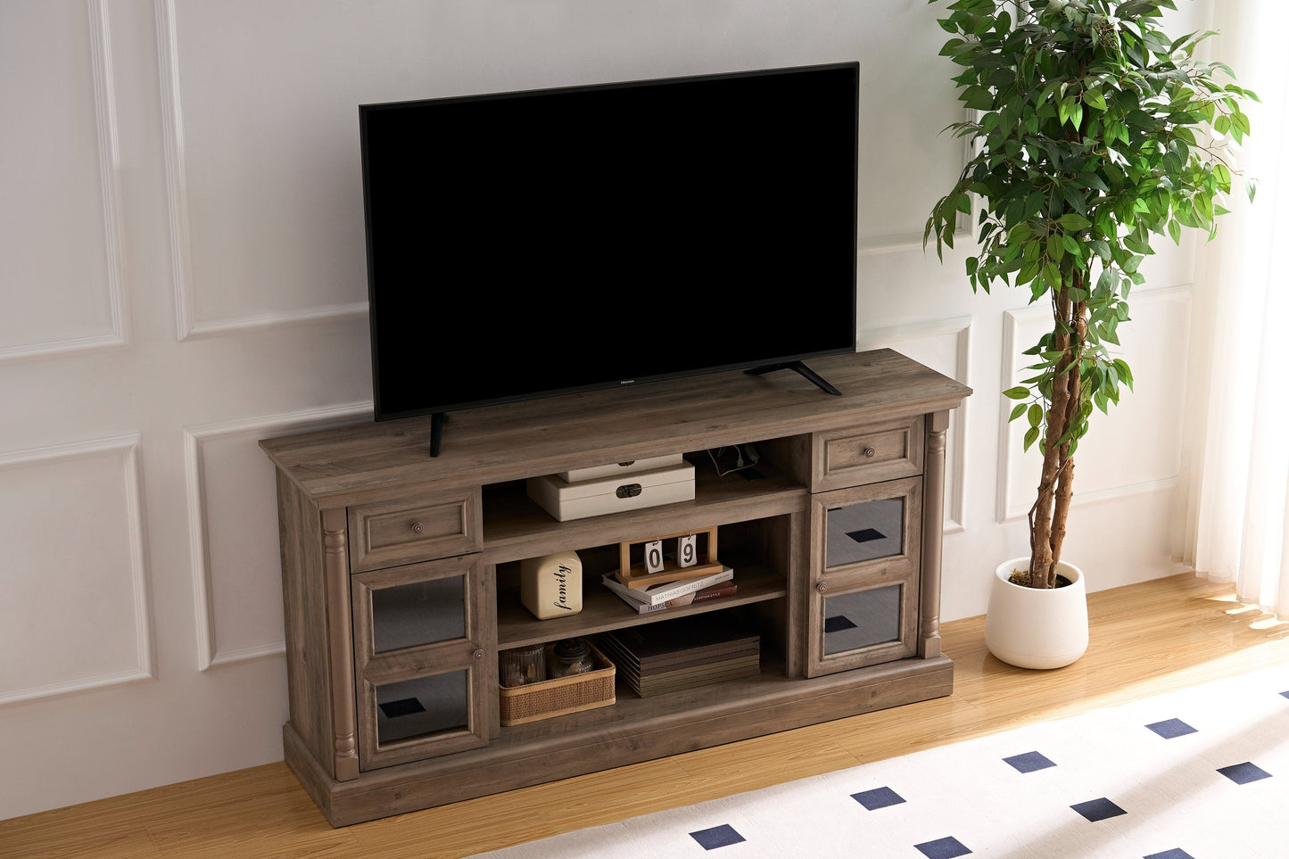 TV Stand Farmhouse Fireplace Gray MDF Roman Column LED Fits 80 In TV