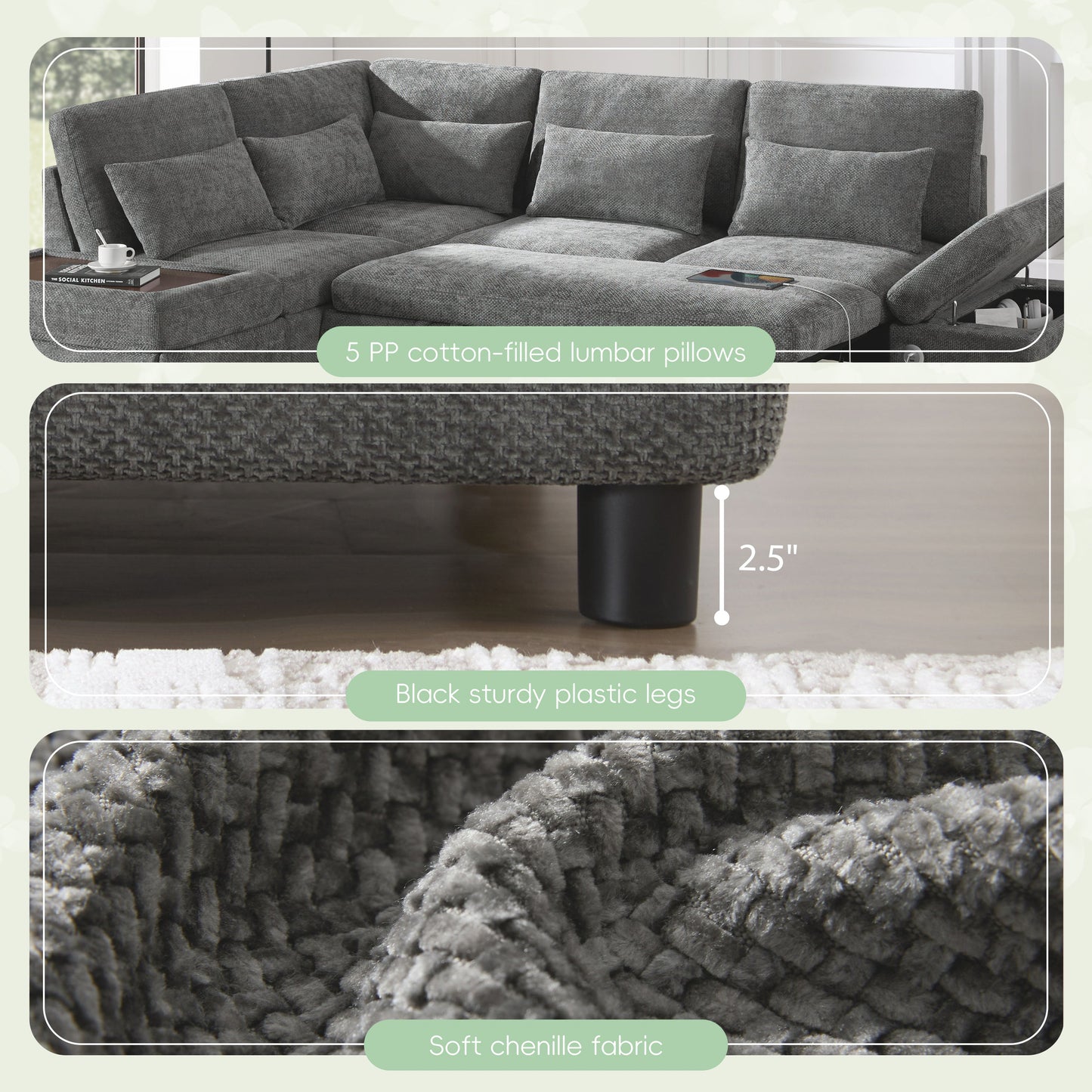 Sofa Bed L-Shape Chenille Gray 6 Seat Pull-Out USB Ports 107 In