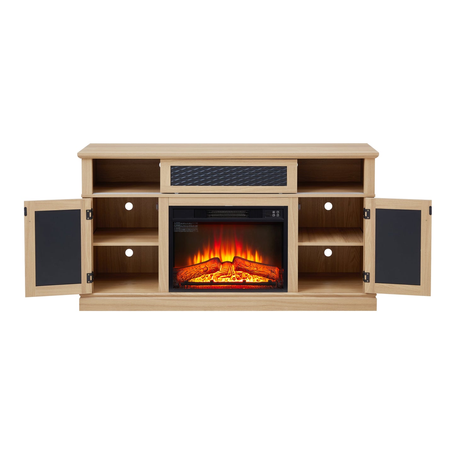 TV Stand Fireplace Light Oak MDF Embossed Doors 1400W Fits 65 In TV 58.27 In