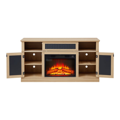 TV Stand Fireplace Light Oak MDF Embossed Doors 1400W Fits 65 In TV 58.27 In