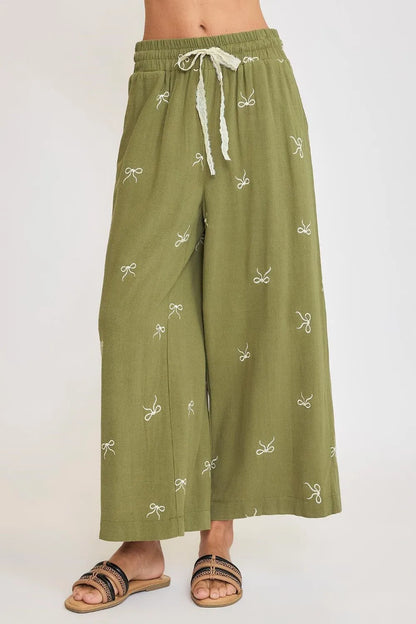 Umgee Full Size Lace Drawstring Embroidered Bow Wide Leg Pants Plus Size