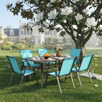 7 Piece Outdoor Dining Set Seats 6 Steel Wood Grain