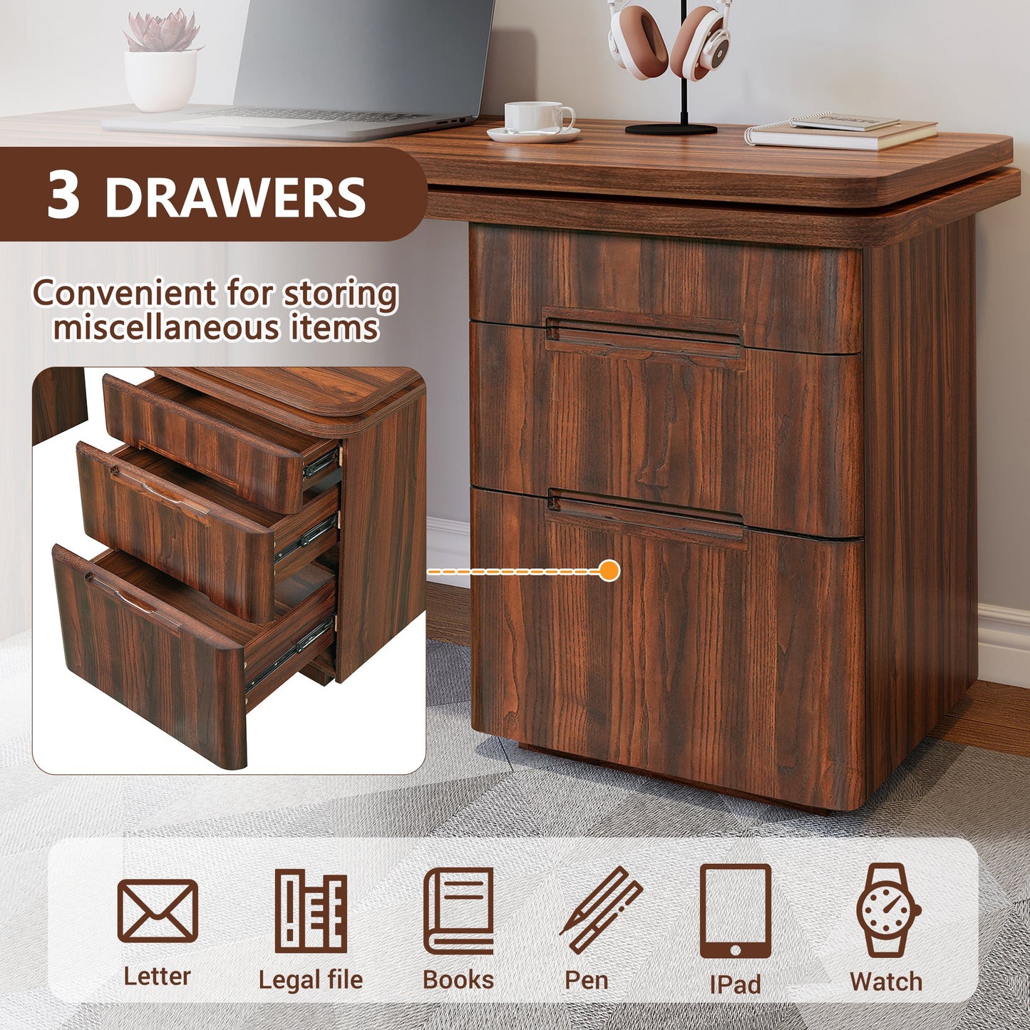 90' Modern L Shaped Desk in Walnut with 3 Drawers,360deg Wood Rotating Desk,Exe...