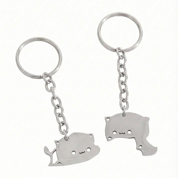 2Pcs Cute Dudu Bubu Hug Cat Couple Keychain Set, Stainless Steel Double Cat Charms, Round Key Ring & Heart Lobster Clasp, Sweet Matching Pair Gift For Lovers