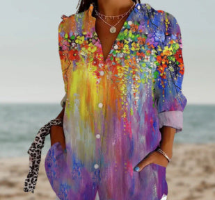 Womens Blouse Cross-Border Lapel Shirt 3D Digital Print Top
