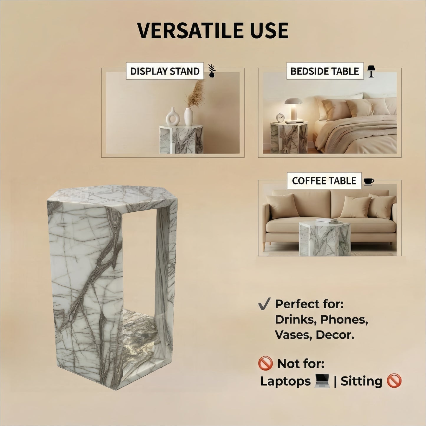 White Marble Hexagon Side Table, 15.7 in, Geometric Stone, Polished Pedestal