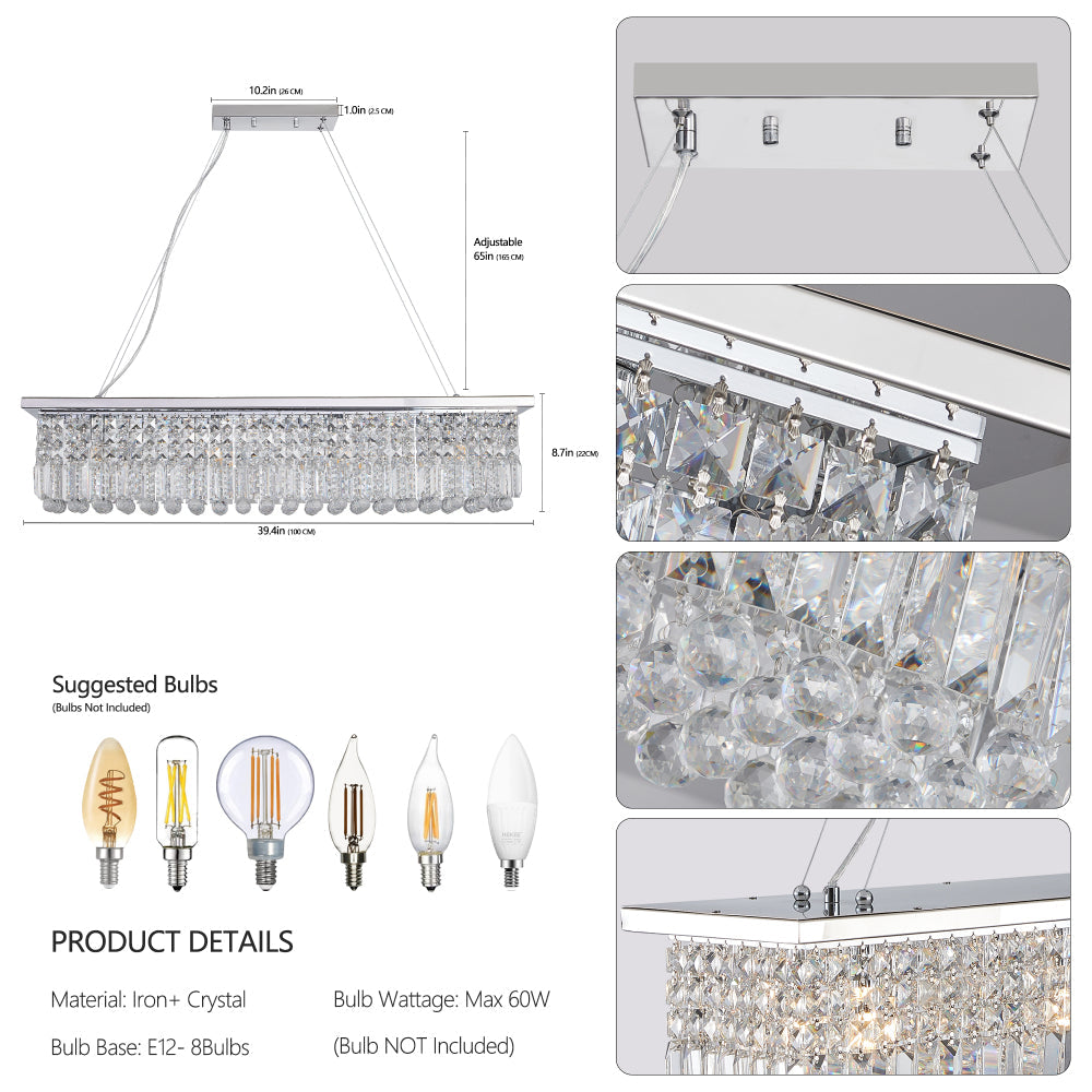39.4" Rectangle Crystal Raindrop Chandelier | 8-Light Modern Pendant for Dining Room & Kitchen Island — Chrome or Gold, E12