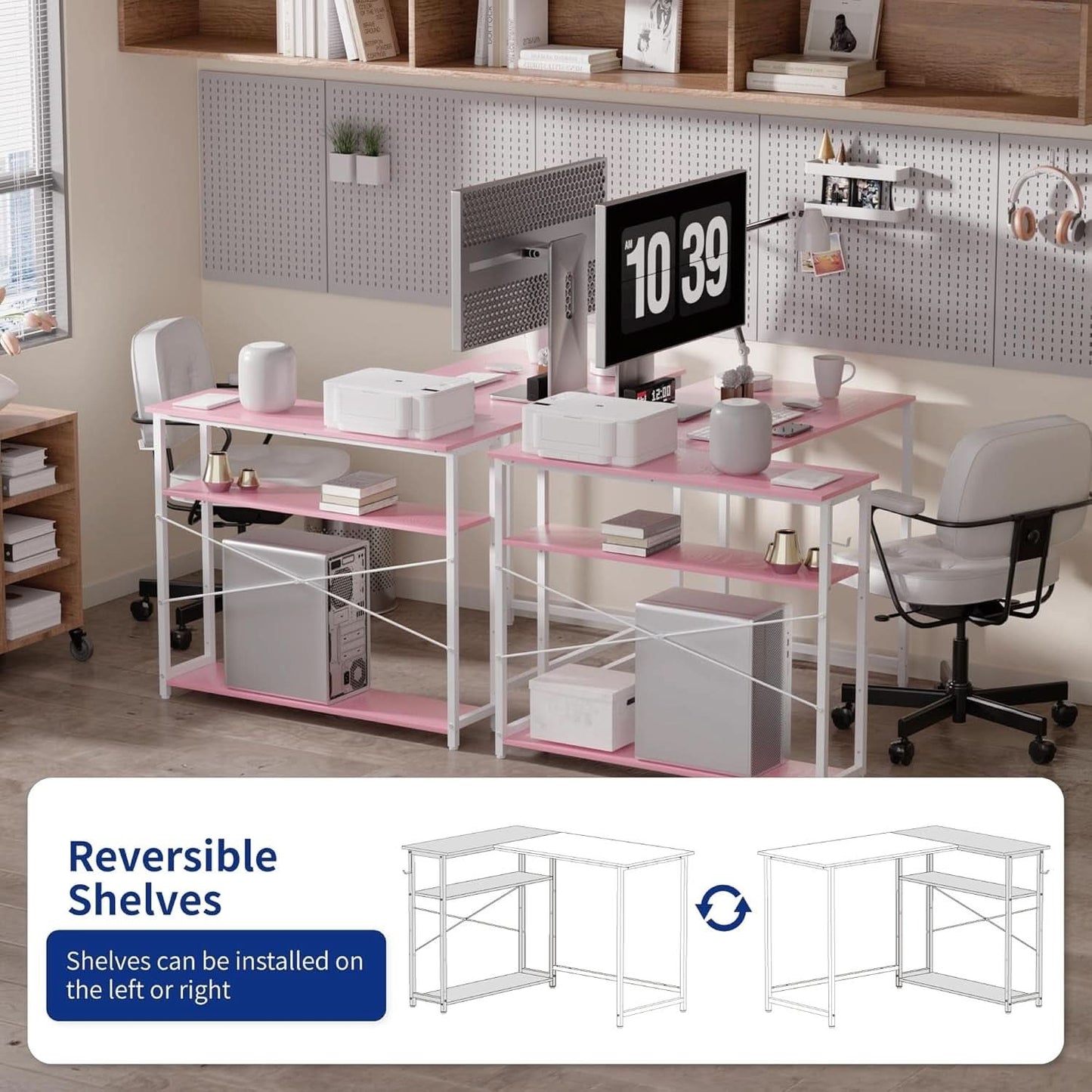 43-Inch L-Shaped Computer Desk With Reversible Shelves