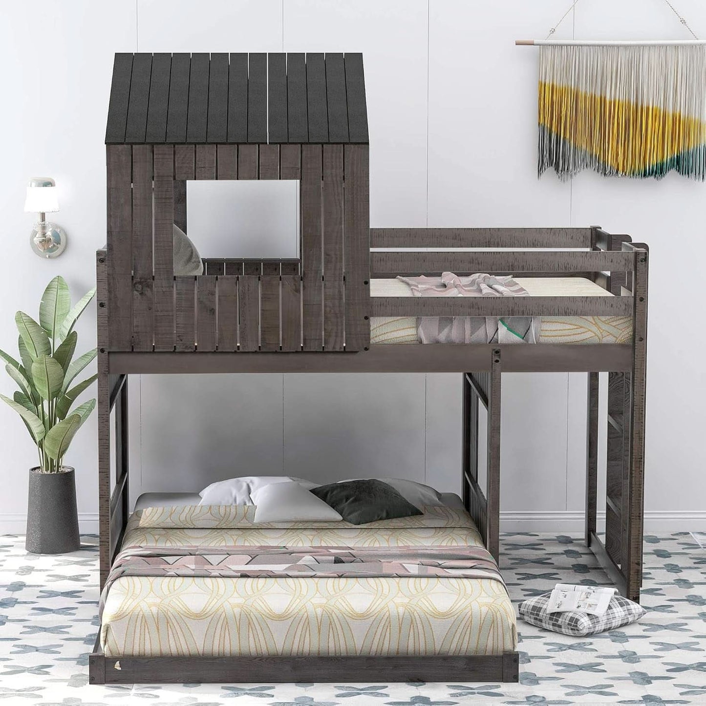 House Bunk Beds Twin Over Full Wood Distressed Grey