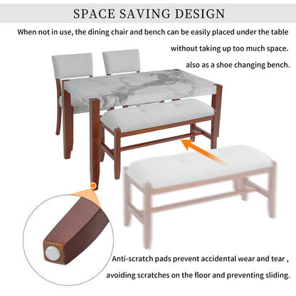 4-Piece Dining Set, 1 Marble-Look Table with 2 Upholstered Chairs and 1 Bench