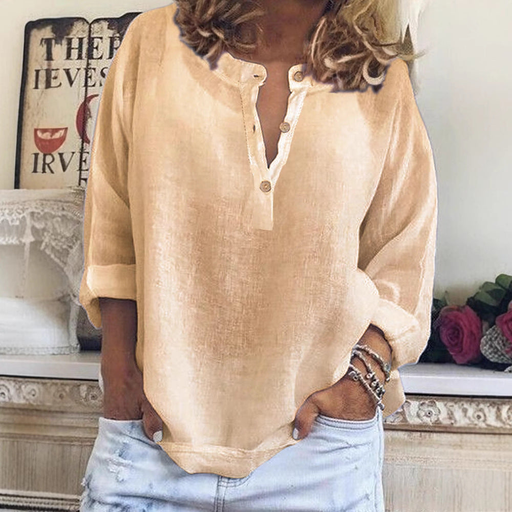 Solid Color Casual Loose Long Sleeve Linen Shirt