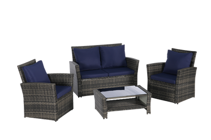 Outdoor Patio Set PE Rattan Steel Dark Blue 4 Piece Glass Seats 4