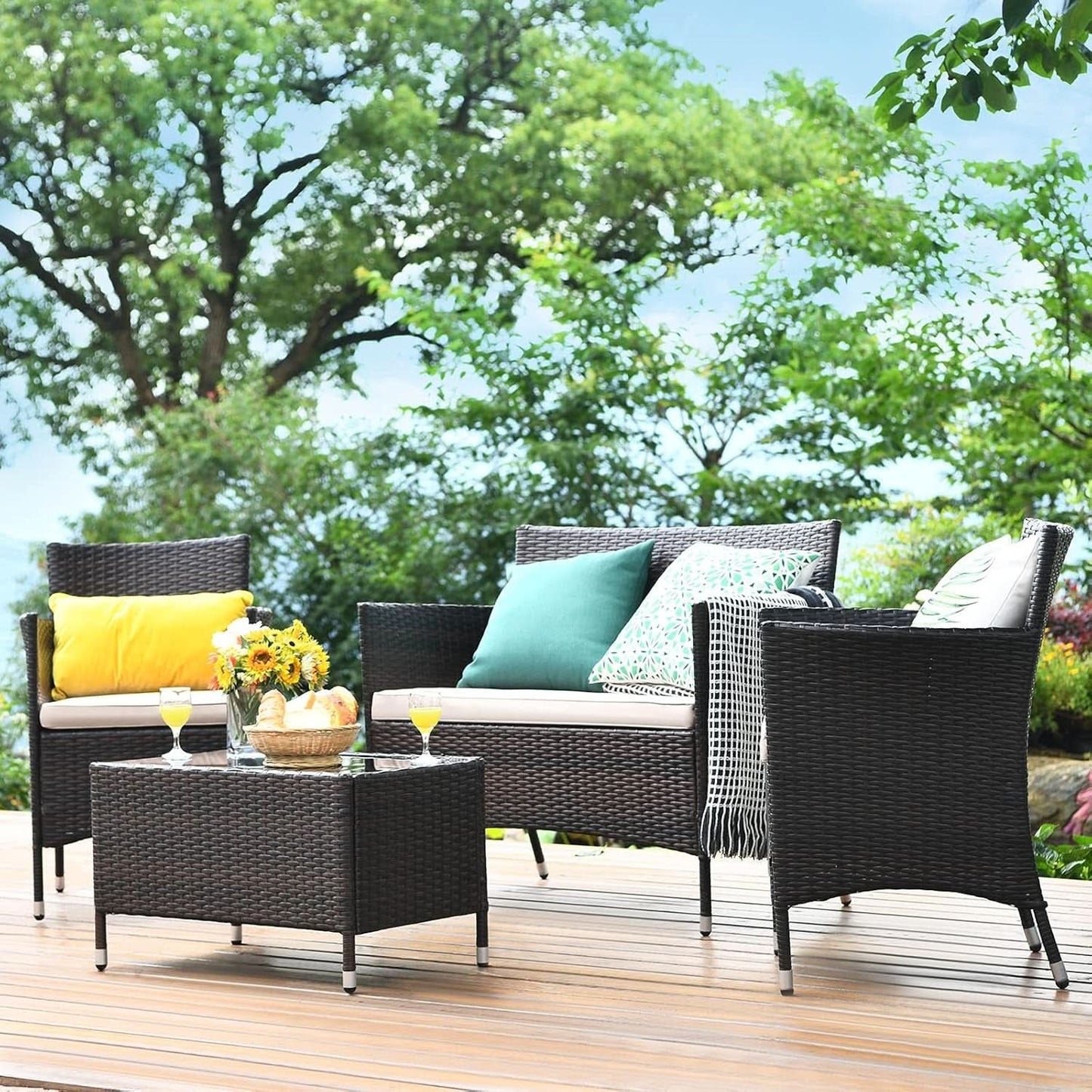 4-Piece Outdoor Rattan Conversation Set with Cushions