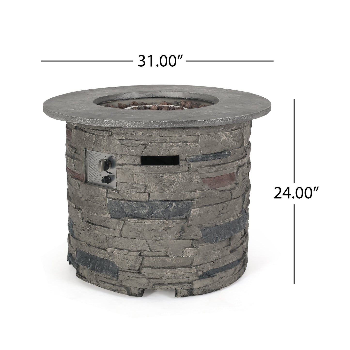 Transitional Outdoor 32 Inch Round MGO Propane Fire Pit Table, Stone Gray
