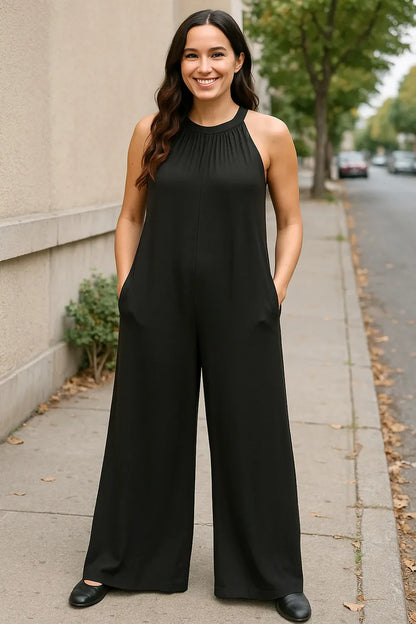 Double Take Full Size Tie Back Cutout Sleeveless Jumpsuit