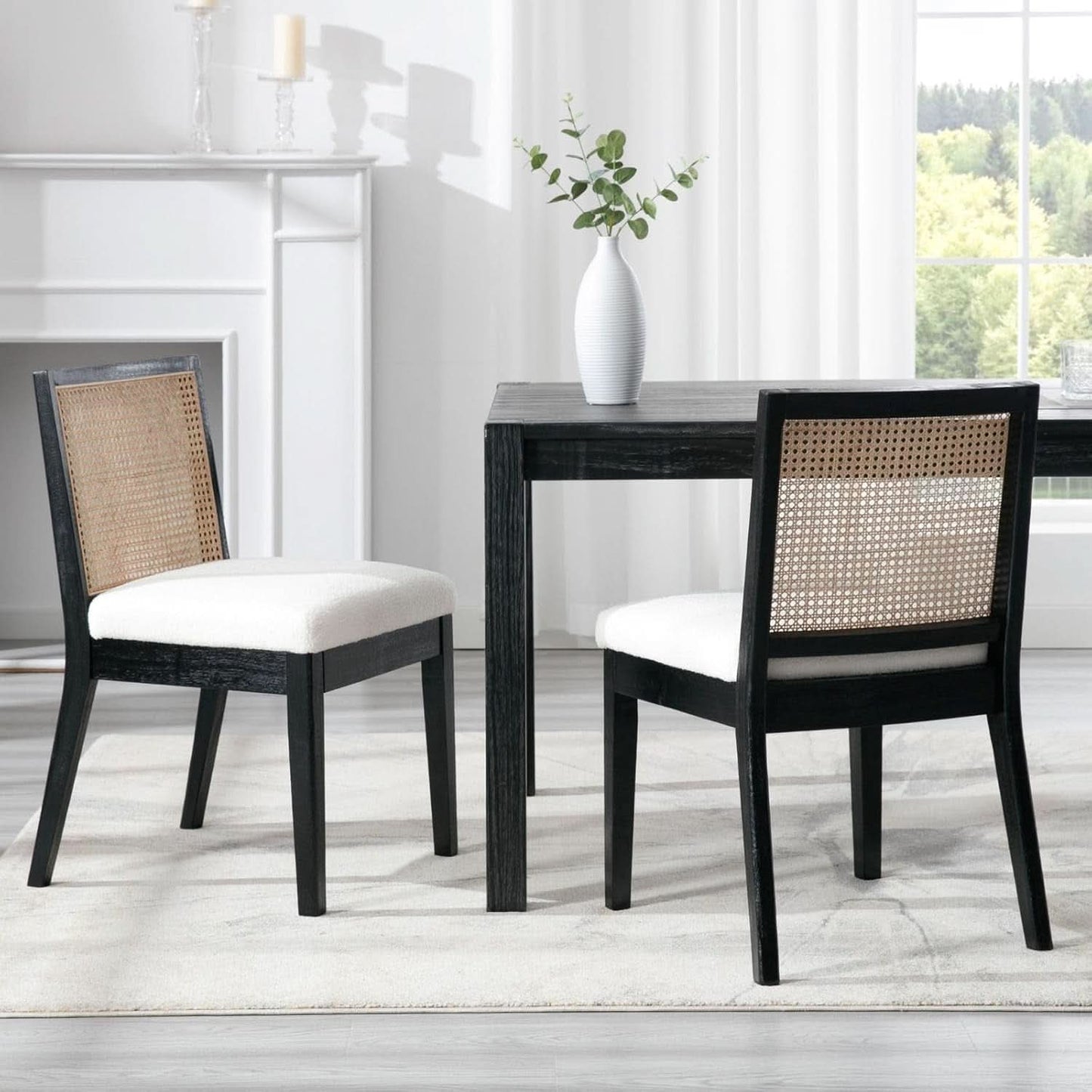 Black Rattan Dining Chairs Four Pack Sherpa Upholstered