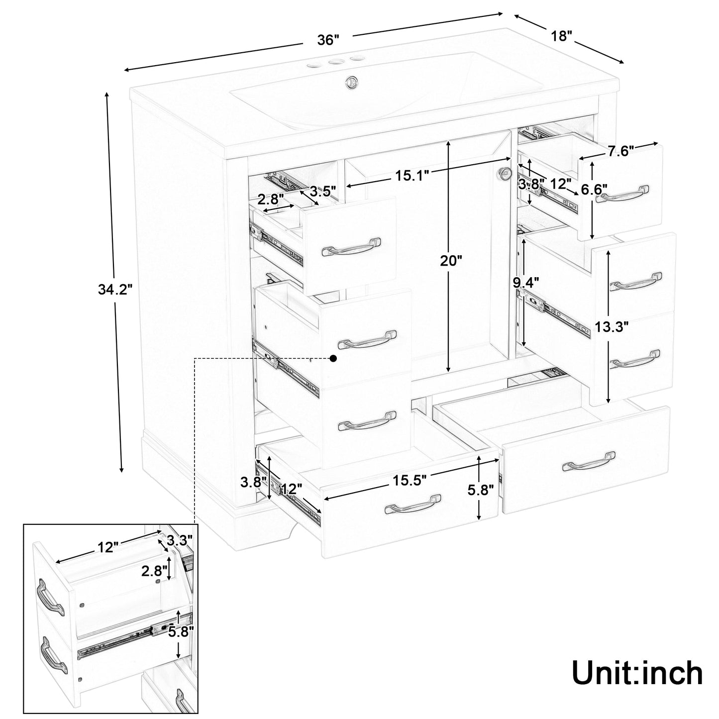 36' Bathroom Vanity with Sink Combo, Six Drawers, Multi-Functional Drawer Div...